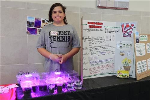 A student stands behind a science project
