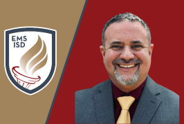  A man smiling over a maroon background with a blue backslash and gold background with EMS ISD logo
