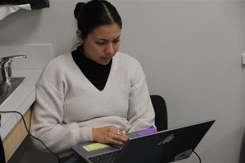 A woman works on a laptop