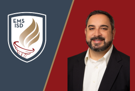  A man with a beard over a maroon background with a gold slash next to him then EMS ISD logo