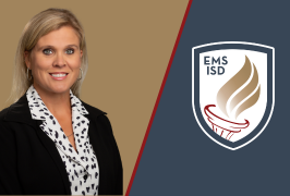  A woman smiling with gold, maroon and blue and the EMS ISD logo in the background