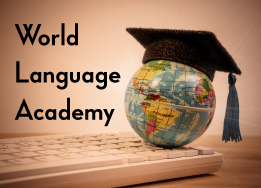 World Language Academy text with picture of a globe in a keyboard