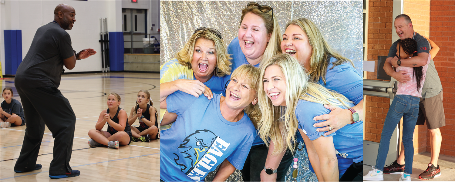 collage of 3 picsCoach on basketball court, 5 teachers smiling for camera, teacher hugging student as she enters the building