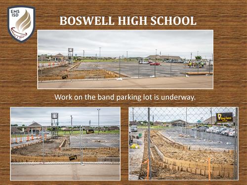 Boswell High School, work on the band parking lot is underway. Three photos of the site.