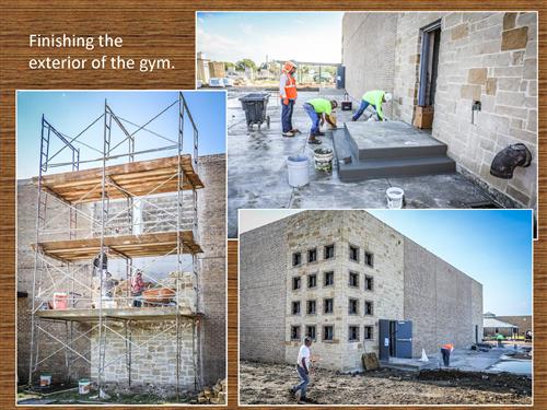 Three photos of finishing the exterior of the gym.