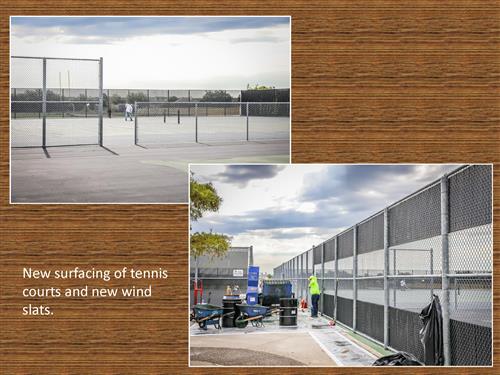 Two photos of new surfacing of tennis courts and new wind slats. 