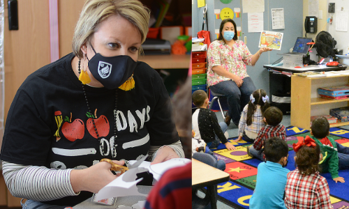 Collage of teachers wearing masks Collage of teachers wearing masks